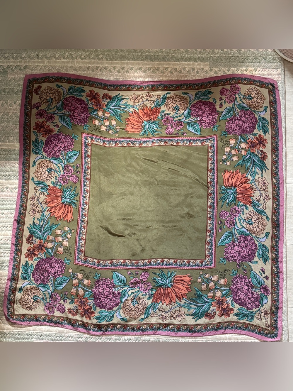 Liz Claiborne Vintage Floral 100% Silk Scarf Square Olive Pink 34” x 34”